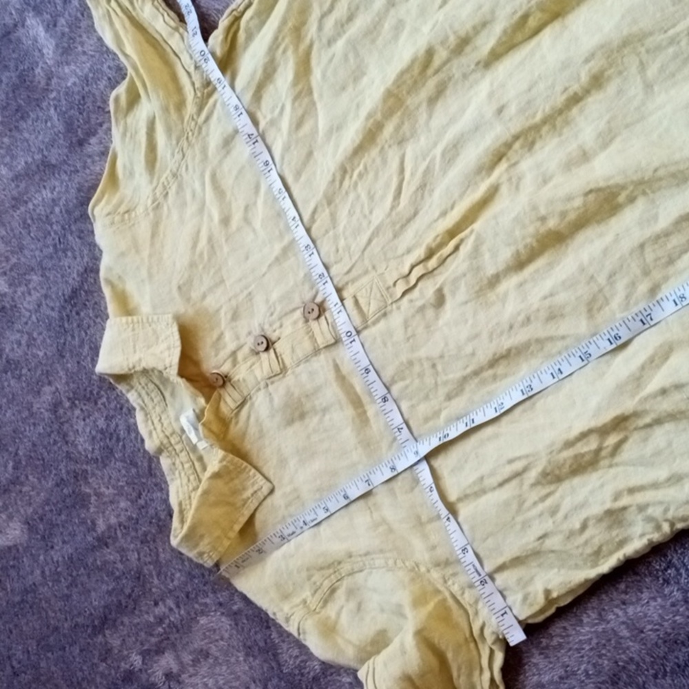Sigrid Olsen 100% linen chartreuse button yoke top - Picture 7 of 9